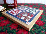 Christmas Quilt Tile Trivet Retro Country Snowman Mid Century 1980s Wood Frame