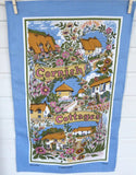 English Tea Towel Cornish Cottages Cornwall Flowers Blue Border Thatched Cottages