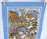English Tea Towel Cornish Cottages Cornwall Flowers Blue Border Thatched Cottages