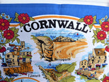 Tea Towel Cornwall Blue Border Map Villages 1980s Looe Truro Falmouth