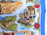 Tea Towel Cornwall Blue Border Map Villages 1980s Looe Truro Falmouth