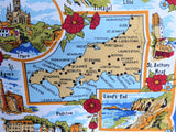 Tea Towel Cornwall Blue Border Map Villages 1980s Looe Truro Falmouth