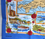 Tea Towel Cornwall Blue Border Map Villages 1980s Looe Truro Falmouth