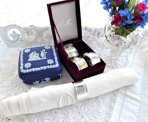 Boxed 4 Godinger Silver Plate Napkin Rings Mint In Box Engraved rings Velvet Box