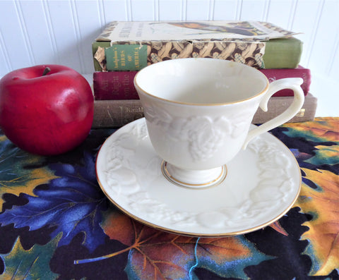 Lenox Fruits Of Life Cup And Saucer Embossed Fruit White And Gold 1980s