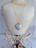 Hand Painted Orchid Porcelain Pendant 1980s Blue And White Heart 24kt Gold Plated Danbury Mint