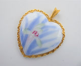 Hand Painted Orchid Porcelain Pendant 1980s Blue And White Heart 24kt Gold Plated Danbury Mint