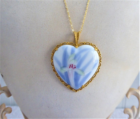 Hand Painted Orchid Porcelain Pendant 1980s Blue And White Heart