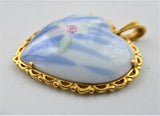Hand Painted Orchid Porcelain Pendant 1980s Blue And White Heart 24kt Gold Plated Danbury Mint