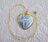 Hand Painted Orchid Porcelain Pendant 1980s Blue And White Heart 24kt Gold Plated Danbury Mint
