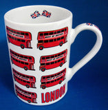 London Souvenir Mug Red Double Decker Buses Union Jack English Flag Bone China 1980s