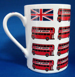 London Souvenir Mug Red Double Decker Buses Union Jack English Flag Bone China 1980s