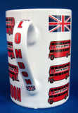 London Souvenir Mug Red Double Decker Buses Union Jack English Flag Bone China 1980s