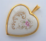 Heart Porcelain Pendant 1980s Pikard USA 24kt Gold Plated Danbury Mint Floral Motif