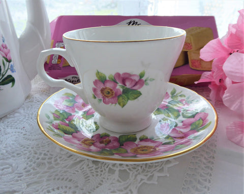 Pink Roses Cup And Saucer Summer Blooms Crown Trent 1980s Bone