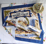 Vintage Sussex Coast Tea Towel 1970s Brighton Worthing Beachy Head Colourful Cotton