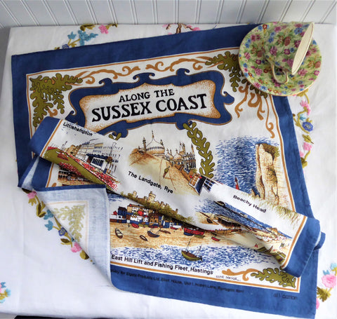 Vintage Sussex Coast Tea Towel 1970s Brighton Worthing Beachy Head Colourful Cotton