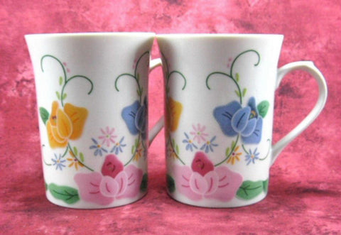 Applique Pattern Mug Pair Embroidery Porcelain 1980s Elegant Tea Mugs