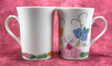 Applique Pattern Mug Pair Embroidery Porcelain 1980s Elegant Tea Mugs