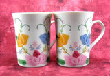 Applique Pattern Mug Pair Embroidery Porcelain 1980s Elegant Tea Mugs