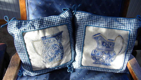 Pair of Blue And White Petit Point Gingham Pillows Transferware jugs 1980s Lillian Vernon