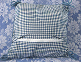 Pair of Blue And White Petit Point Gingham Pillows Transferware jugs 1980s Lillian Vernon