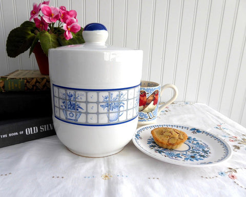 Blue And White Stoneware Cookie Jar Biscuit Jar Kitchen Canister 1980s
