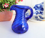 Cobalt Blue Art Glass Pitcher Creamer Blown Glass 1980s Swirled Applied Handle