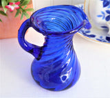 Cobalt Blue Art Glass Pitcher Creamer Blown Glass 1980s Swirled Applied Handle