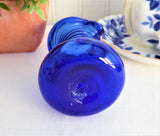 Cobalt Blue Art Glass Pitcher Creamer Blown Glass 1980s Swirled Applied Handle