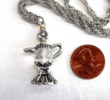 Crystal Teapot Pendant Necklace 1990s Long 24 Inch Rhodium Rope Chain Tea Party