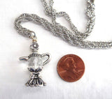 Crystal Teapot Pendant Necklace 1990s Long 24 Inch Rhodium Rope Chain Tea Party