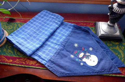 Snowman Blue Plaid Fabric Table Runner Applique Stencil 1980s 66 Inches by 12 Inches