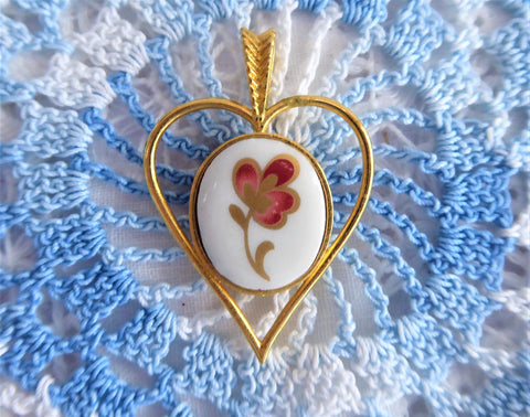 Villeroy And Boch Heart Pendant 1980s Red Flower 24kt Gold Plated Danbury Mint