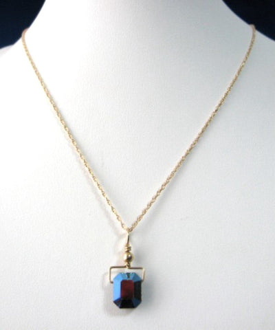Necklace Iridized Austrian Crystal Pendant GF Chain Emerald Cut Blue Pink 1980s