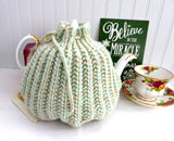 Heathered Green English Tea Cozy 1950s Retro Cream Green Tan Cosy Large Shaker Knit