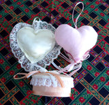 Romantic Christmas Ornaments 3 Satin Pearls Lace 1980s Victorian Style Box Heart Face Pink