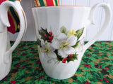 Christmas Rose Mug Pair England Holiday 1980s Holly Goebel Arthur Wood Bone China