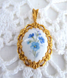 Forget Me Not Porcelain Pendant 1980s Blue And White 24kt Gold Plated Royal Adderley