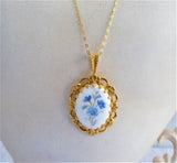 Forget Me Not Porcelain Pendant 1980s Blue And White 24kt Gold Plated Royal Adderley