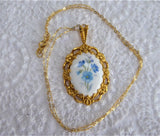 Forget Me Not Porcelain Pendant 1980s Blue And White 24kt Gold Plated Royal Adderley