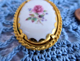 Pink Rose Porcelain Pendant 1980s Crown Staffordshire 24kt Gold Plated Hand Painted
