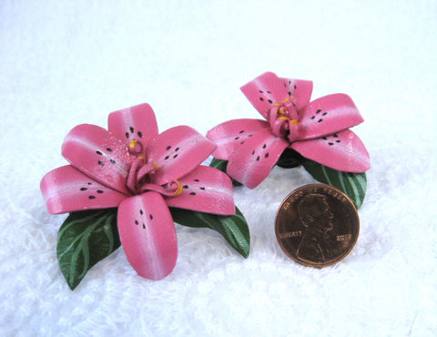 Hot Pink Lily Earrings Posts Flower Faux Leather 1980s Fashion Orchid Hibiscus Lily
