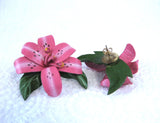 Hot Pink Lily Earrings Posts Flower Faux Leather 1980s Fashion Orchid Hibiscus Lily