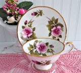 Pink Burgundy Roses Cup And Saucer Queen's Bone China 1980s English Bone China