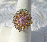 Ring Fancy Pink Cocktail Cluster Ring 925 CZ Crystal Dinner Ring Pink Gold