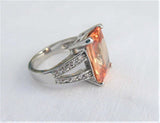 Gorgeous Peach Fancy Emerald Cut Faux Diamond Ring 1980s Sterling Silver