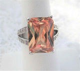 Gorgeous Peach Fancy Emerald Cut Faux Diamond Ring 1980s Sterling Silver