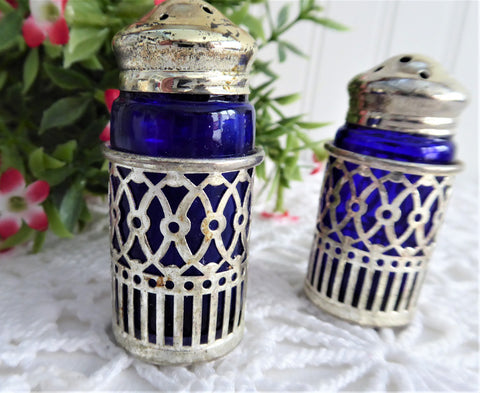 Salt And Pepper Shakers Set Cobalt Blue Glass Liners Silverplate 1980s –  Antiques And Teacups