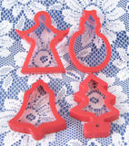 Christmas Cookie Cutters Set Of 4 Red Plastic Bell Angel Snowman Christmas Tree 1980s